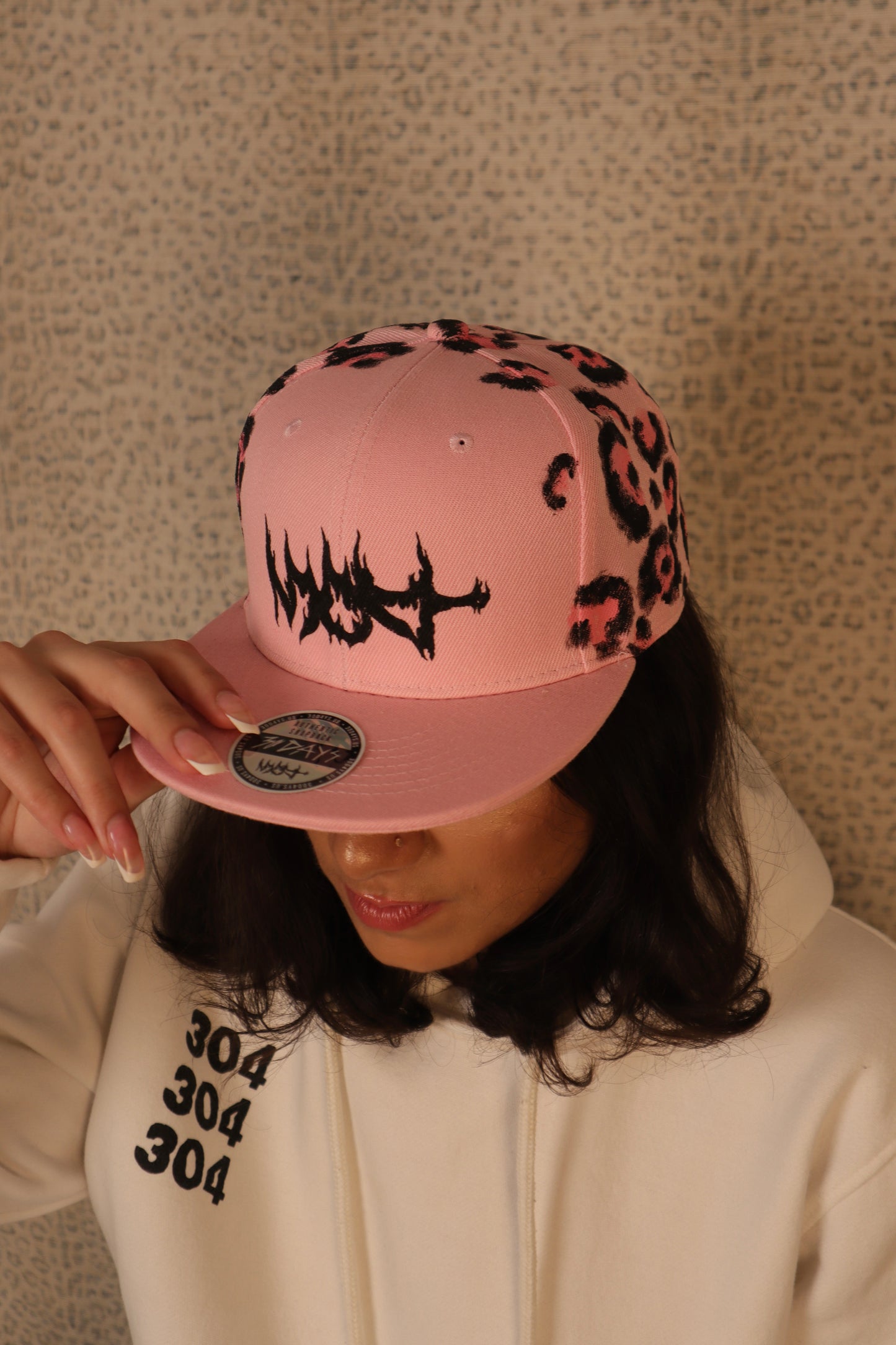 BABY PINK LEOPARD PRINT “304 FLAME” SNAPBACK HAT