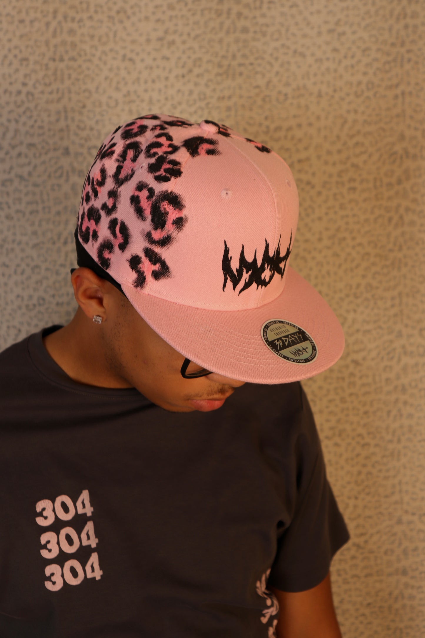 BABY PINK LEOPARD PRINT “304 FLAME” SNAPBACK HAT